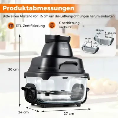 Prenosná fritéza 6 v 1 na horúci vzduch – vyprážanie a pečenie, sklenené nádoby s objemom 4 l a 1,7 l, 1500 W, čierna