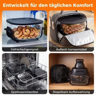 Prenosná fritéza 6 v 1 na horúci vzduch – vyprážanie a pečenie, sklenené nádoby s objemom 4 l a 1,7 l, 1500 W, čierna