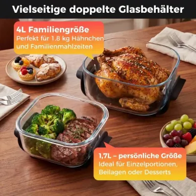 Prenosná fritéza 6 v 1 na horúci vzduch – vyprážanie a pečenie, sklenené nádoby s objemom 4 l a 1,7 l, 1500 W, čierna