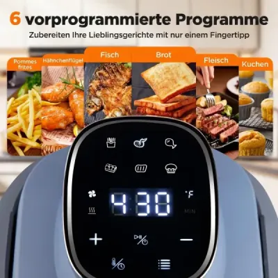 Prenosná fritéza 6 v 1: Vyprážanie a pečenie na horúcom vzduchu, sklenené nádoby s objemom 4 l a 1,7 l, 1500 W, modrá