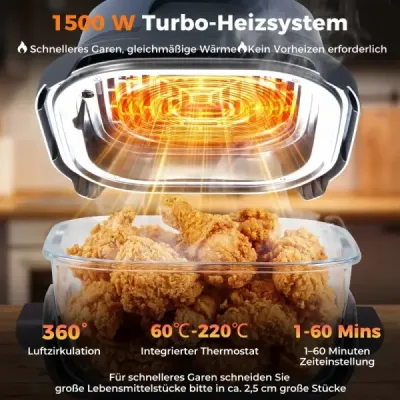 Prenosná fritéza 6 v 1: Vyprážanie a pečenie na horúcom vzduchu, sklenené nádoby s objemom 4 l a 1,7 l, 1500 W, modrá