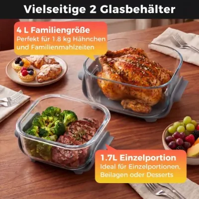 Prenosná fritéza 6 v 1: Vyprážanie a pečenie na horúcom vzduchu, sklenené nádoby s objemom 4 l a 1,7 l, 1500 W, modrá