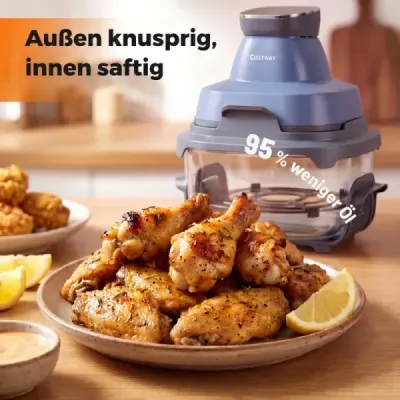 Prenosná fritéza 6 v 1: Vyprážanie a pečenie na horúcom vzduchu, sklenené nádoby s objemom 4 l a 1,7 l, 1500 W, modrá