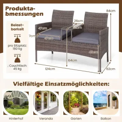 Záhradná lavica so stolíkom, 2-miestna, z polyrotangu, sedenie, záhradný nábytok, terasový nábytok, sivá