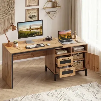 Drevený počítačový stôl s 2 otvorenými priehradkami, 2 zásuvkami a jednodverovou skriňou, rozmery 181 x 60 x 76 cm
