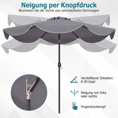 270 cm záhradný slnečník s kľukou a funkciou nakláňania, balkónový slnečník s 8 kovovými rebrami, sivý
