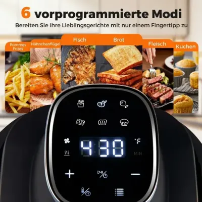 Prenosná fritéza 6 v 1 na horúci vzduch – vyprážanie a pečenie, sklenené nádoby s objemom 4 l a 1,7 l, 1500 W, čierna