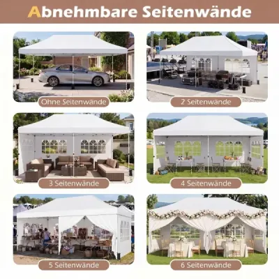 Skladací pavilón 3 x 6 m so 4 bočnými stenami, záhradný pavilón s nastaviteľnou výškou, pop-up pavilón, biely