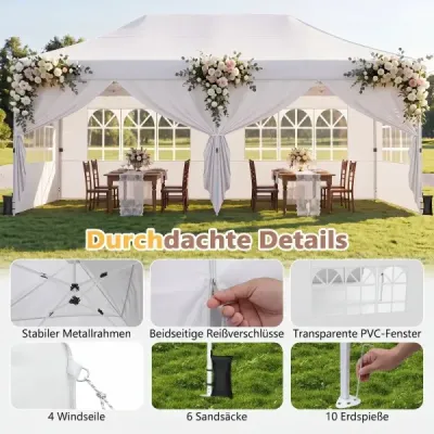 Skladací pavilón 3 x 6 m so 4 bočnými stenami, záhradný pavilón s nastaviteľnou výškou, pop-up pavilón, biely