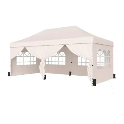 Skladací pavilón 3 x 6 m so 4 bočnými stenami, záhradný pavilón s nastaviteľnou výškou, pop-up pavilón, béžový