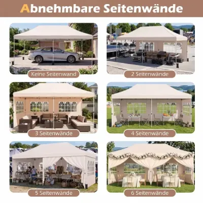 Skladací pavilón 3 x 6 m so 4 bočnými stenami, záhradný pavilón s nastaviteľnou výškou, pop-up pavilón, béžový