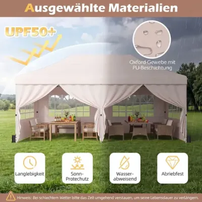 Skladací pavilón 3 x 6 m so 4 bočnými stenami, záhradný pavilón s nastaviteľnou výškou, pop-up pavilón, béžový