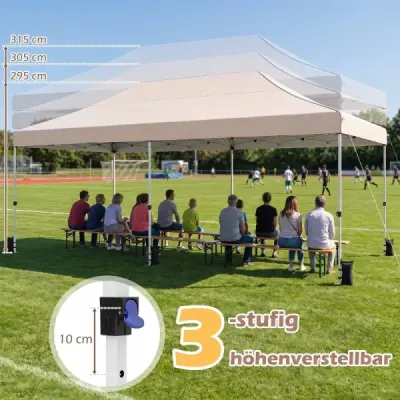 Skladací pavilón 3 x 6 m so 4 bočnými stenami, záhradný pavilón s nastaviteľnou výškou, pop-up pavilón, béžový