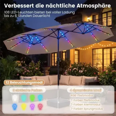 Dvojitý slnečník 400 x 210 cm, slnečník s LED osvetlením, obdĺžnikový záhradný slnečník, hnedý