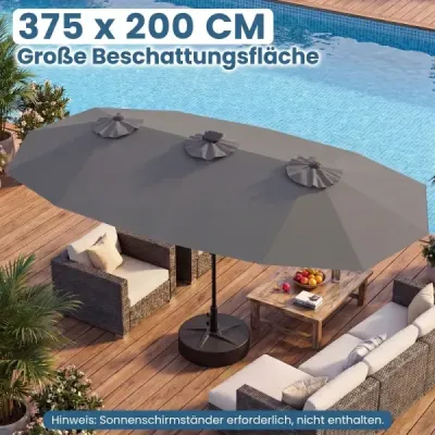 Dvojitý slnečník 400 x 210 cm Slnečník s LED osvetlením Obdĺžnikový záhradný slnečník Šedý