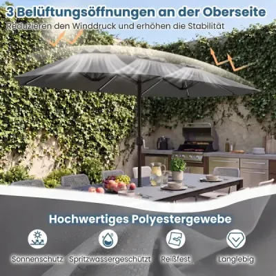 Dvojitý slnečník 400 x 210 cm Slnečník s LED osvetlením Obdĺžnikový záhradný slnečník Šedý