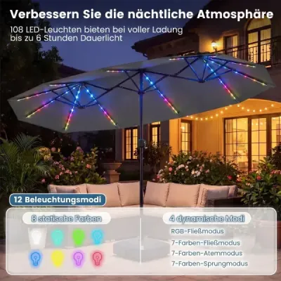 Dvojitý slnečník 400 x 210 cm Slnečník s LED osvetlením Obdĺžnikový záhradný slnečník Šedý