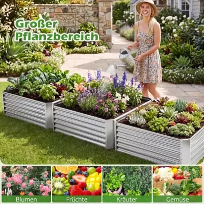 Vyvýšený kovový záhon, obdĺžnikový kvetináč z pozinkovaného plechu s otvoreným dnom, 124 x 124 x 44,5 cm