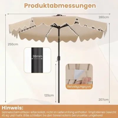 270 cm slnečník s LED solárnym osvetlením, vetruodolný trhový slnečník s 8 rebrami, béžový