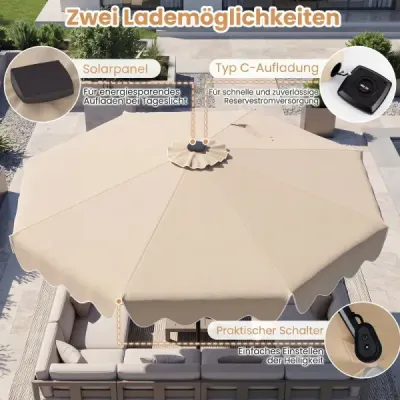 270 cm slnečník s LED solárnym osvetlením, vetruodolný trhový slnečník s 8 rebrami, béžový
