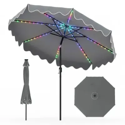 270 cm slnečník s LED solárnym osvetlením, vetruodolný trhový slnečník s 8 rebrami, sivý