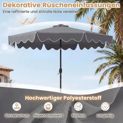 270 cm slnečník s LED solárnym osvetlením, vetruodolný trhový slnečník s 8 rebrami, sivý
