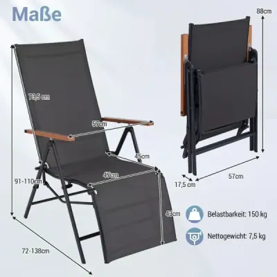 Skladacie ležadlo/ležadlo s nastaviteľným operadlom, nosnosť do 150 kg, čierne