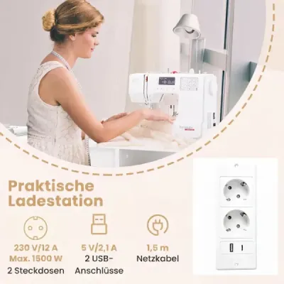 Šijací stôl na kolieskach, skladacia skrinka na šijací stroj s nabíjacou stanicou, 2 zásuvky, biely