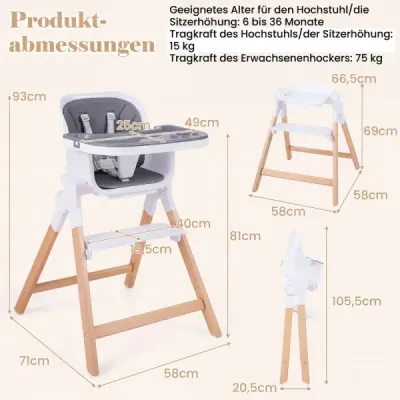 Detská vysoká stolička 4 v 1, skladacia, nastaviteľná, 71 x 58 x 93 cm s podnosom, sivá