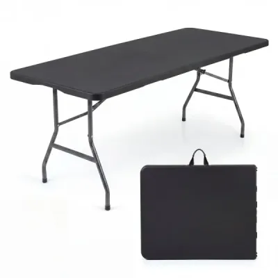 Skladací záhradný stôl 180 x 74 cm, kempingový stôl s HDPE doskou a rukoväťou, čierny