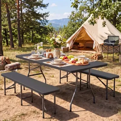 Skladací záhradný stôl 180 x 74 cm, kempingový stôl s HDPE doskou a rukoväťou, čierny