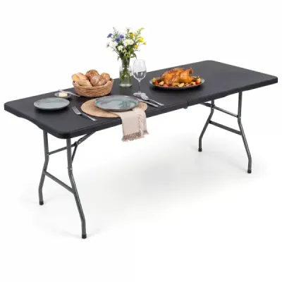 Skladací záhradný stôl 180 x 74 cm, kempingový stôl s HDPE doskou a rukoväťou, čierny