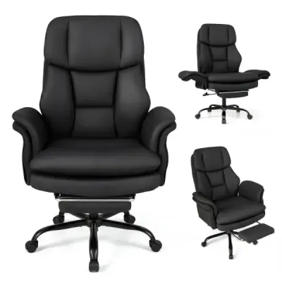 Ergonomická kancelárska stolička, výškovo nastaviteľná manažérska stolička s 5 kolieskami a výsuvnou opierkou na nohy, čierná