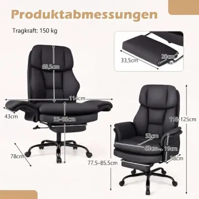 Ergonomická kancelárska stolička, výškovo nastaviteľná manažérska stolička s 5 kolieskami a výsuvnou opierkou na nohy, čierná