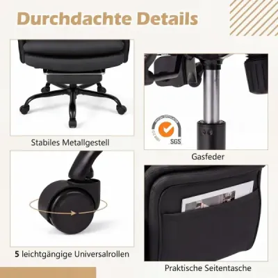 Ergonomická kancelárska stolička, výškovo nastaviteľná manažérska stolička s 5 kolieskami a výsuvnou opierkou na nohy, čierná