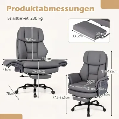 Ergonomická kancelárska stolička, výškovo nastaviteľná manažérska stolička s 5 kolieskami a výsuvnou opierkou na nohy, šedá