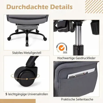 Ergonomická kancelárska stolička, výškovo nastaviteľná manažérska stolička s 5 kolieskami a výsuvnou opierkou na nohy, šedá