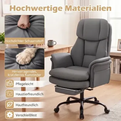 Ergonomická kancelárska stolička, výškovo nastaviteľná manažérska stolička s 5 kolieskami a výsuvnou opierkou na nohy, šedá