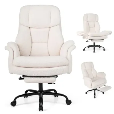 Ergonomická kancelárska stolička, výškovo nastaviteľná manažérska stolička s 5 kolieskami a výsuvnou opierkou na nohy, biela