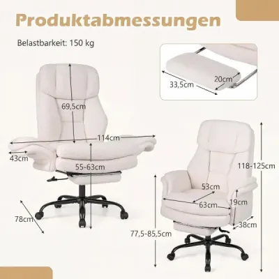 Ergonomická kancelárska stolička, výškovo nastaviteľná manažérska stolička s 5 kolieskami a výsuvnou opierkou na nohy, biela