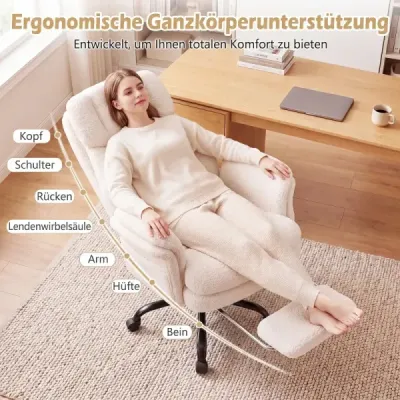 Ergonomická kancelárska stolička, výškovo nastaviteľná manažérska stolička s 5 kolieskami a výsuvnou opierkou na nohy, biela
