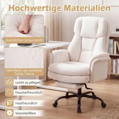 Ergonomická kancelárska stolička, výškovo nastaviteľná manažérska stolička s 5 kolieskami a výsuvnou opierkou na nohy, biela