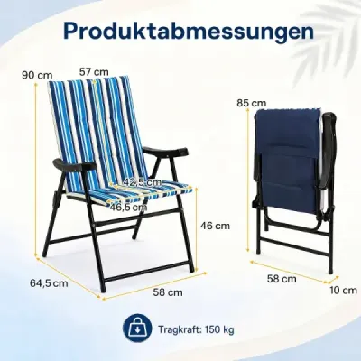 Sada 2 ks skladacích plážových stoličiek s vysokým operadlom, podrúčkami a širokým sedadlom, nosnosť až 150 kg