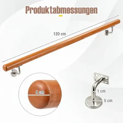 Drevené zábradlie 120 cm, zábradlie na schody, bukové schodiskové zábradlie s nástenným držiakom