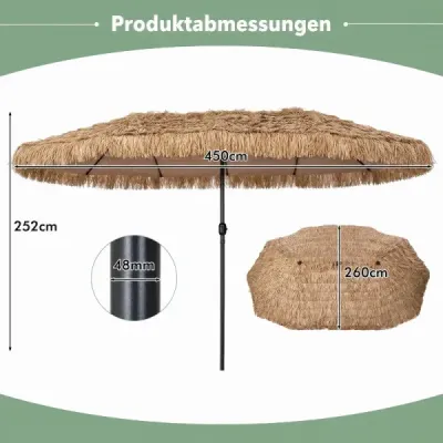 Havajský slamený slnečník 450 cm s kľukou a 12 kovovými rebrami, záhradný slnečník s ochranou pred slnkom, hnedý