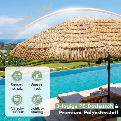 Havajský slamený slnečník 450 cm s kľukou a 12 kovovými rebrami, záhradný slnečník s ochranou pred slnkom, hnedý