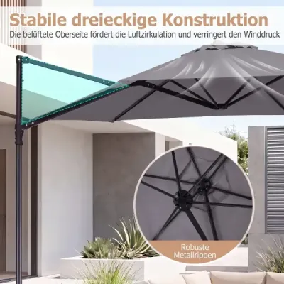 290 cm konzolový slnečník so stojanom, kľukou a dvojitou strieškou, balkónový slnečník otočný o 360°, sivý