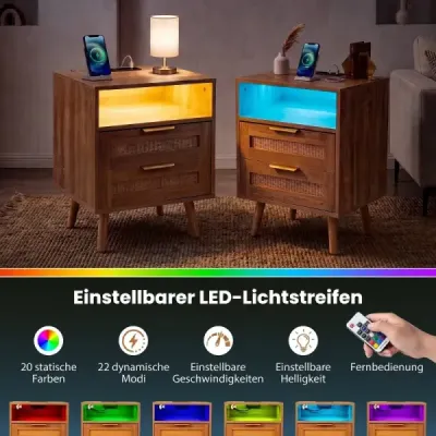 Nočný stolík s nabíjacou stanicou a LED osvetlením s 2 zásuvkami, bočný stolík s ratanovým vzhľadom, prírodný