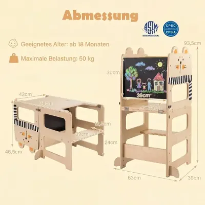 Skladacia drevená vzdelávacia veža 3 v 1, nosnosť do 50 kg, pre deti od 18 mesiacov, 63 x 39 x 93,5 cm, prírodná farba