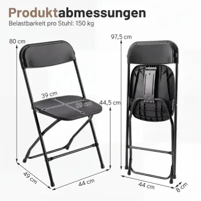Skladacie stoličky, sada 4 kusov, záhradné stoličky odolné voči poveternostným vplyvom s kovovým rámom, nosnosť do 150 kg, plastové balkónové stoličky, čierne
